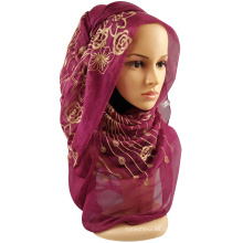 Nuevo patrón musulmán chal de las mujeres Solid Embori floral algodón hijab bordado